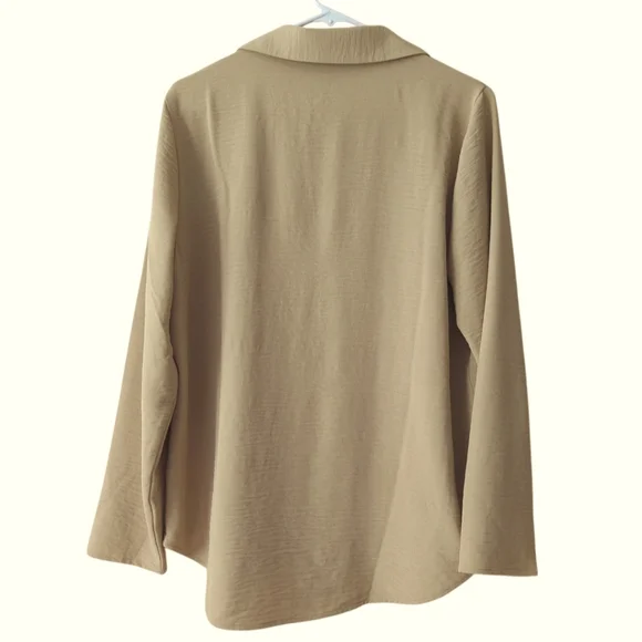 Michael Michael Kors Chain Accent Collared V-Neck Long Sleeve Blouse LARGE Tan - Picture 8 of 16